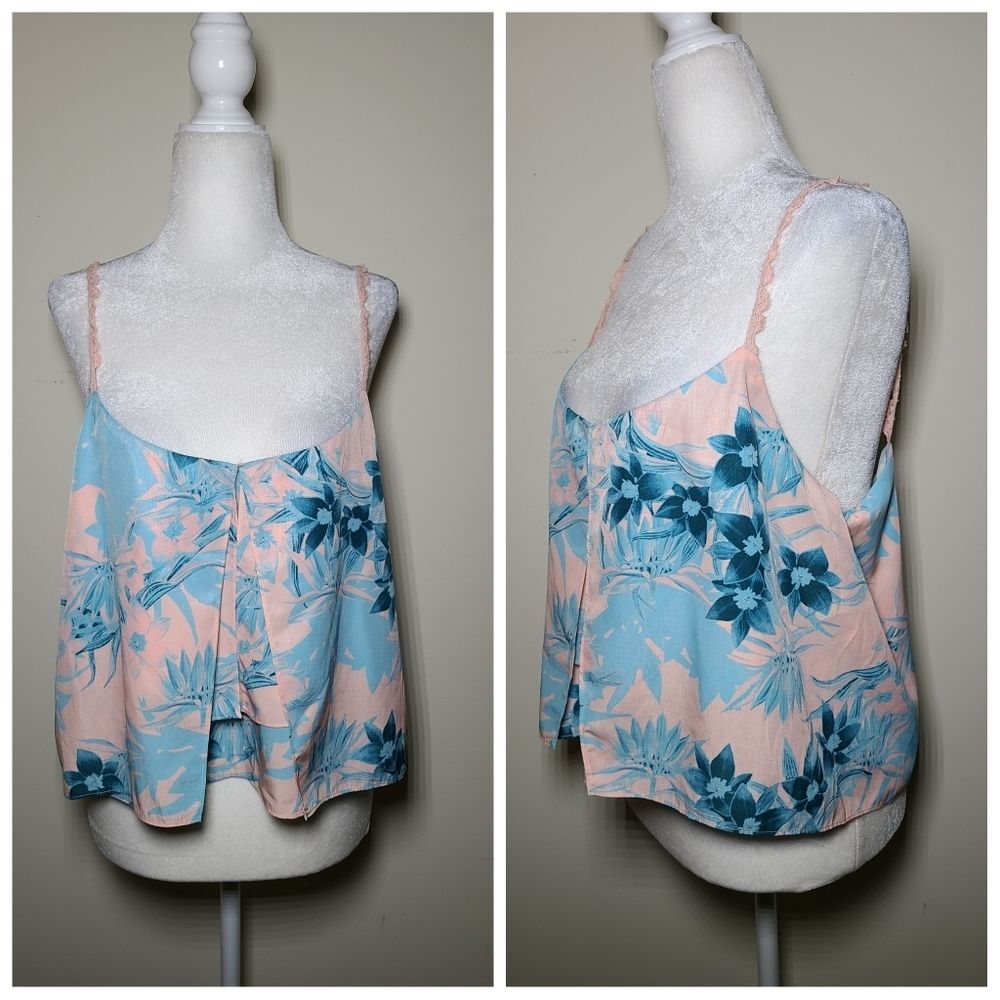 Lovers + Friends|Pink & Blue Floral Crop Tank Top, LARGE